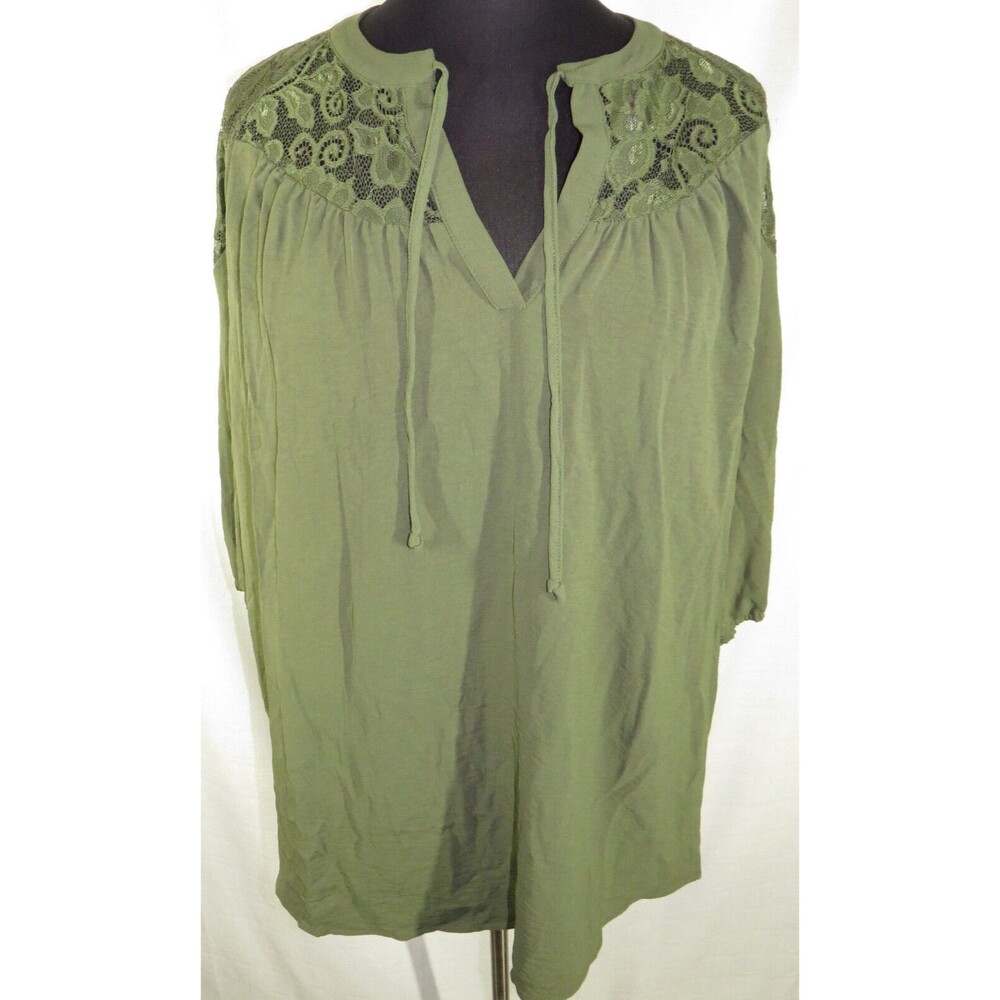 Cure Olive Green Lace Trimmed Peasant Top Plus Size 3X